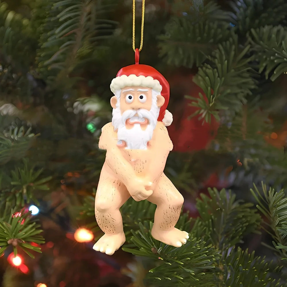 Naked Santa Claus resin decoration measuring 10cm tall with three-dimensional design and flat acrylic backing