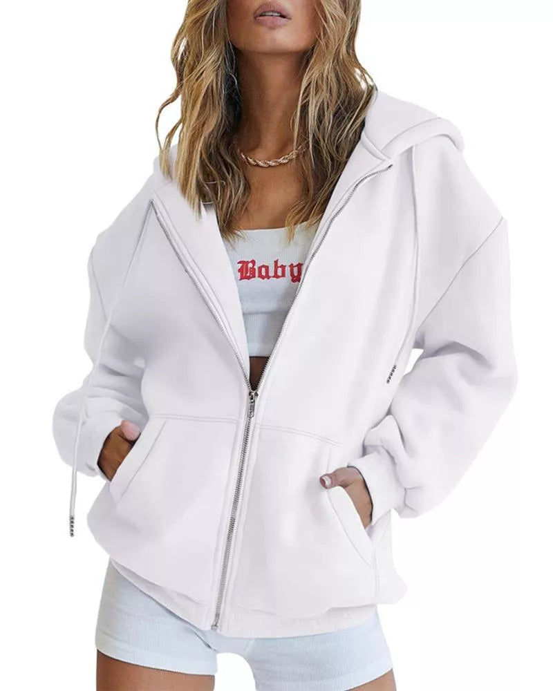 Women's solid color zipper hooded sweatshirt with drawstring, available in multiple colors and sizes.