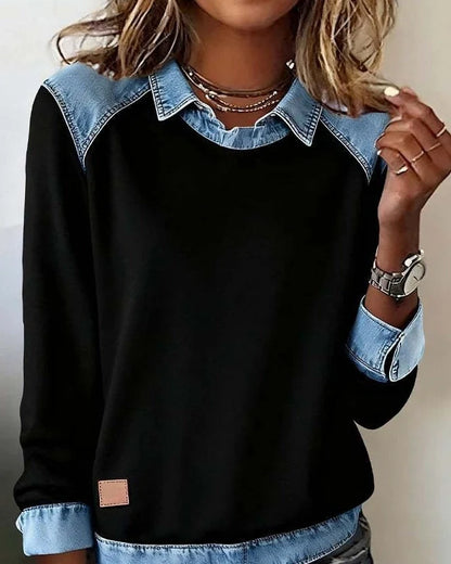 Denim collar long sleeve pullover with patchwork knitwear in street fashion style, available in multiple colours