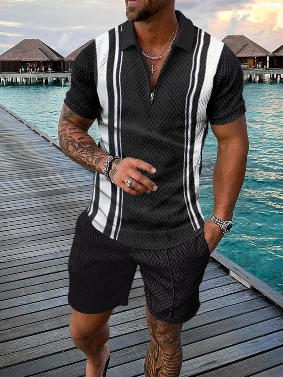 Men's casual color contrast polo zip lapel shirt short sleeve suit in various colors