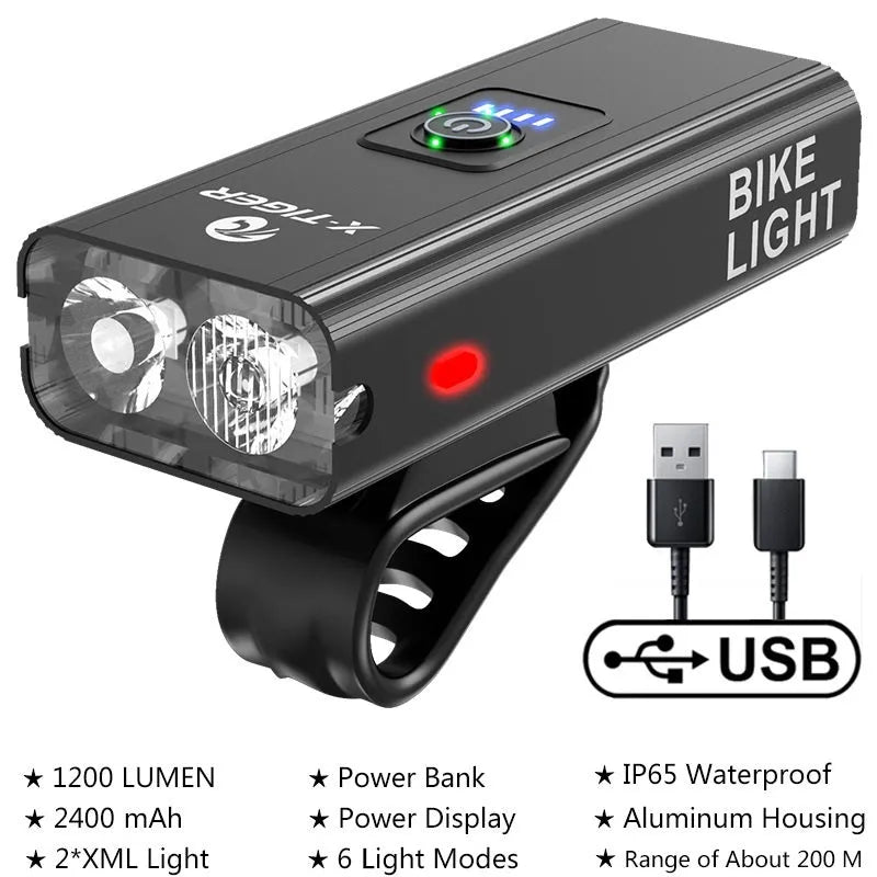 USB rechargeable bike light with double T6 lamp beads, 1200 lumens, aluminium alloy frame, IPX-6 waterproof