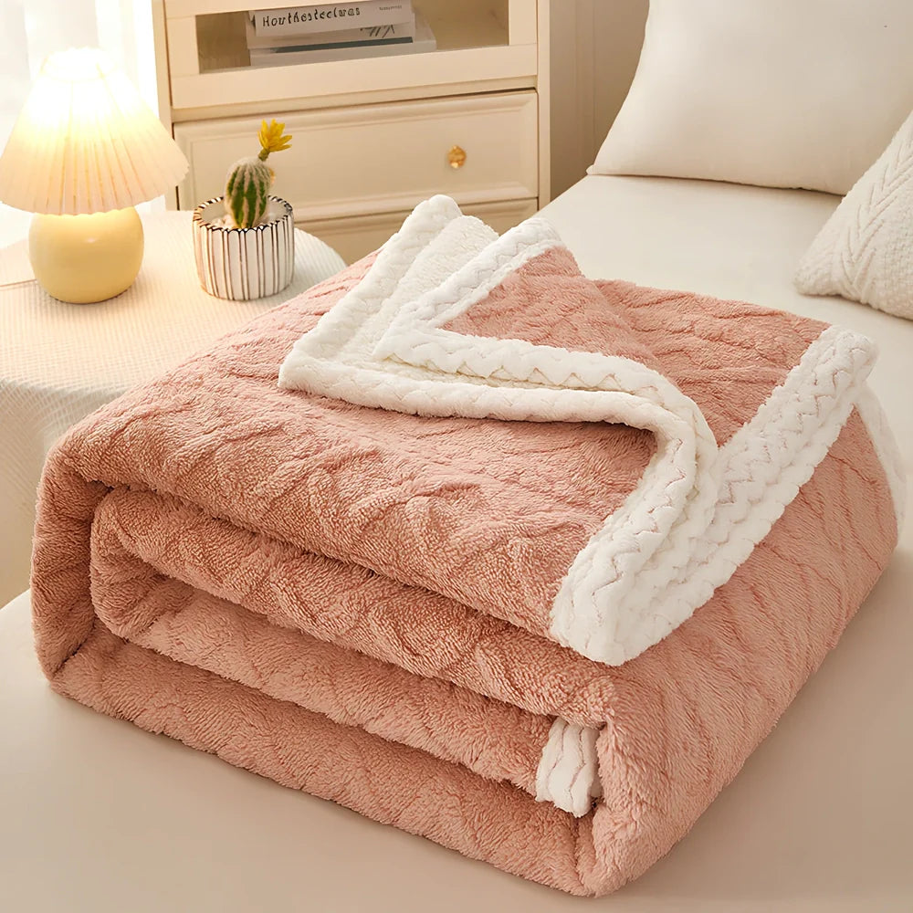 Double-thickened coral fleece sofa blanket in caramel colour showing dense texture and substantial thickness