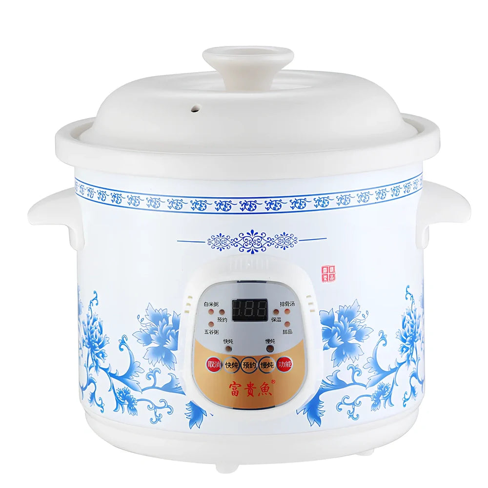 White porcelain electric stew pot with 22cm width and 1.5L capacity for automatic slow cooking