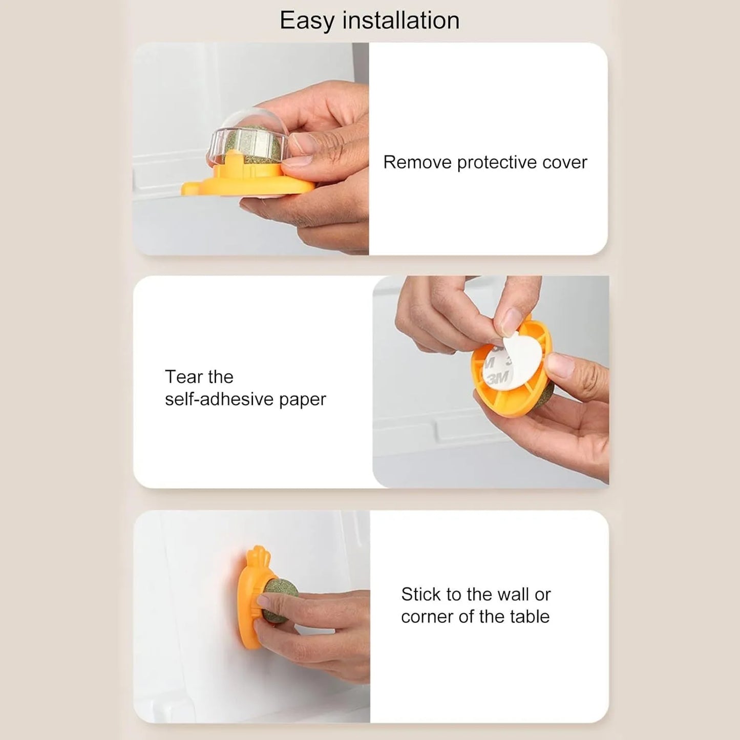 Blue carrot-shaped cat toy with adhesive back and separate white cover, for wall mounting.