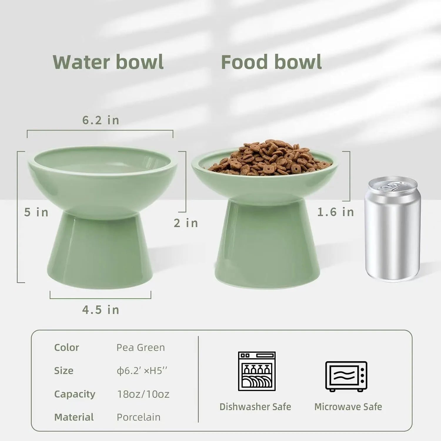 Elevated wide shallow ceramic cat food and water bowl in blue, green, pink, or white colour options.