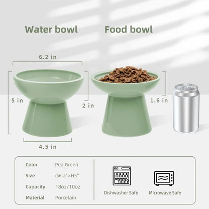 Elevated wide shallow ceramic cat food and water bowl in blue, green, pink, or white colour options.