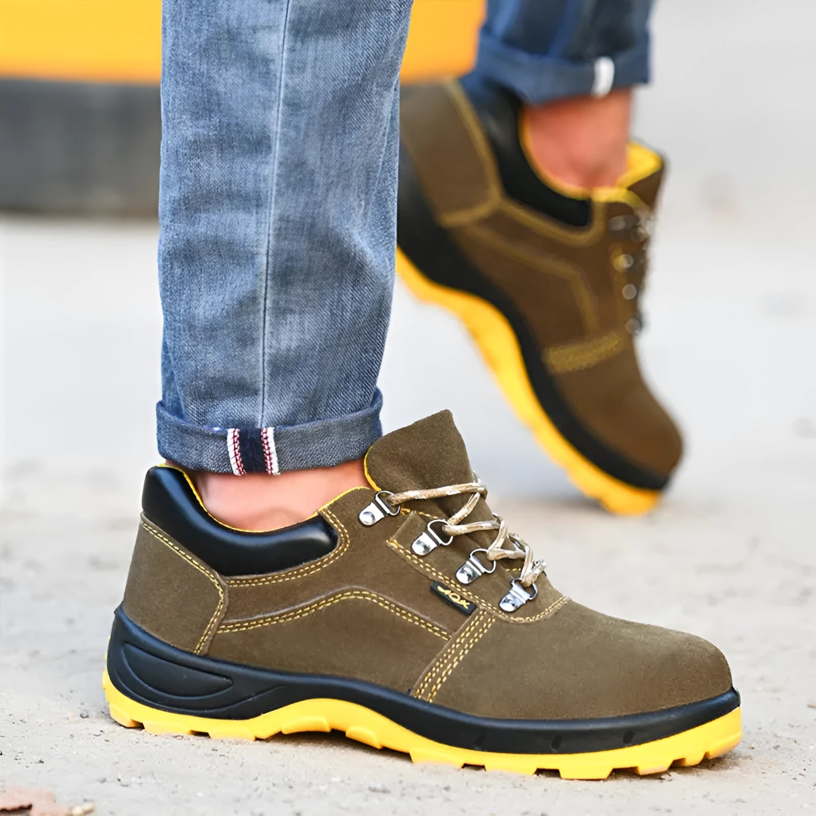 Bronze low-cut leather safety shoes with steel toe cap and patterned non-slip rubber sole.