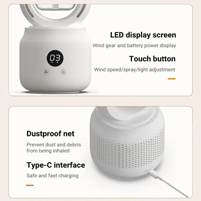 White bladeless portable table fan with humidifier tank on a wooden desk.
