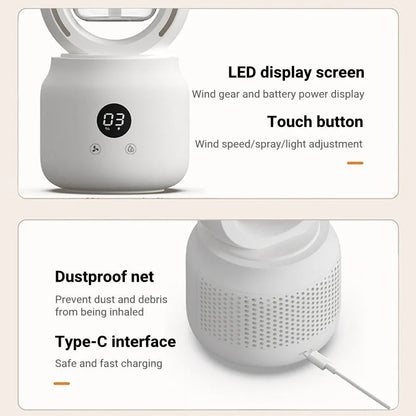 White bladeless portable table fan with humidifier tank on a wooden desk.