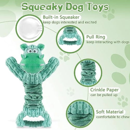 Large plush squeaky dog toy with telescopic body, crinkle paper, and handle for tug-of-war play