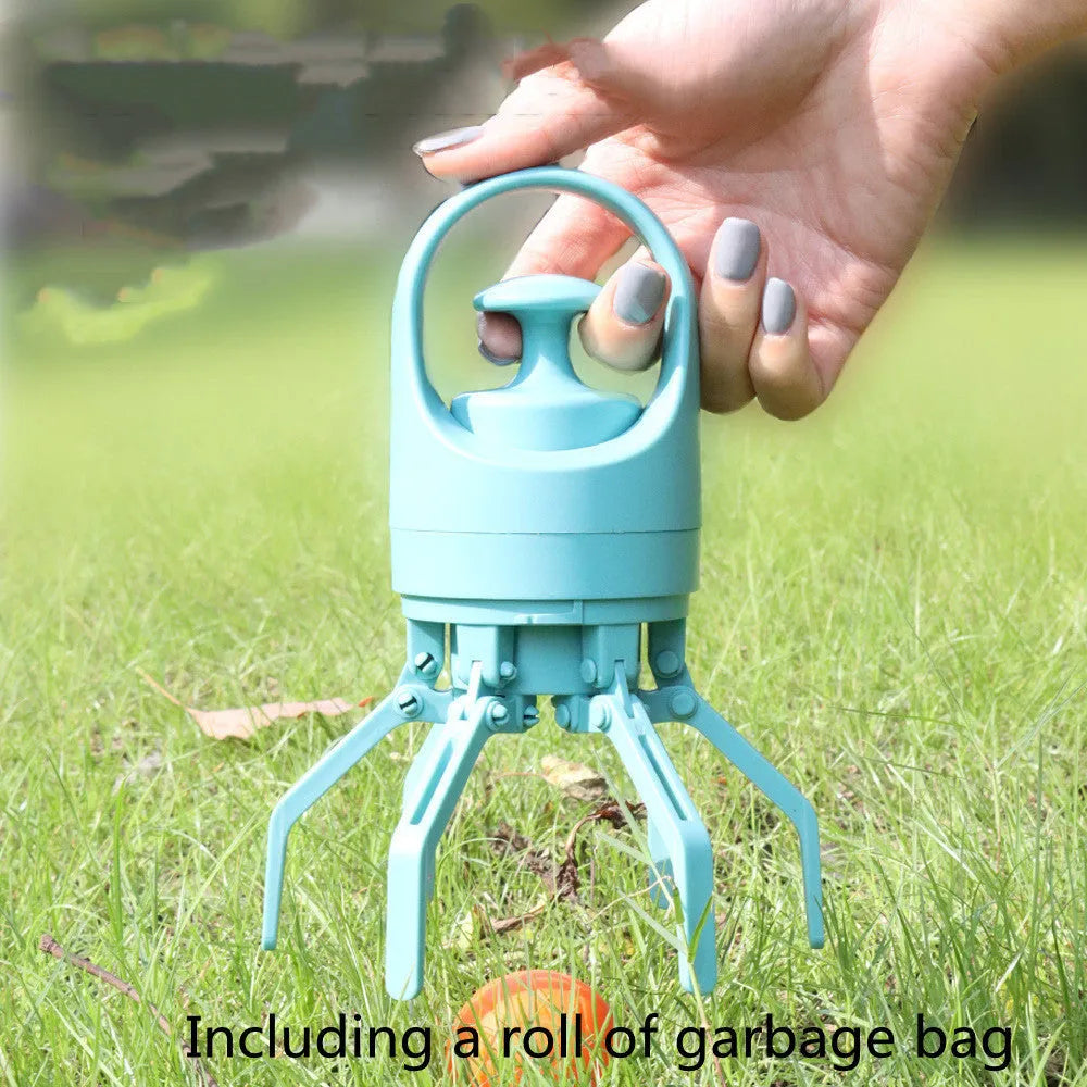 Blue portable plastic dog pooper scooper with eight-claw shovel and built-in bag dispenser