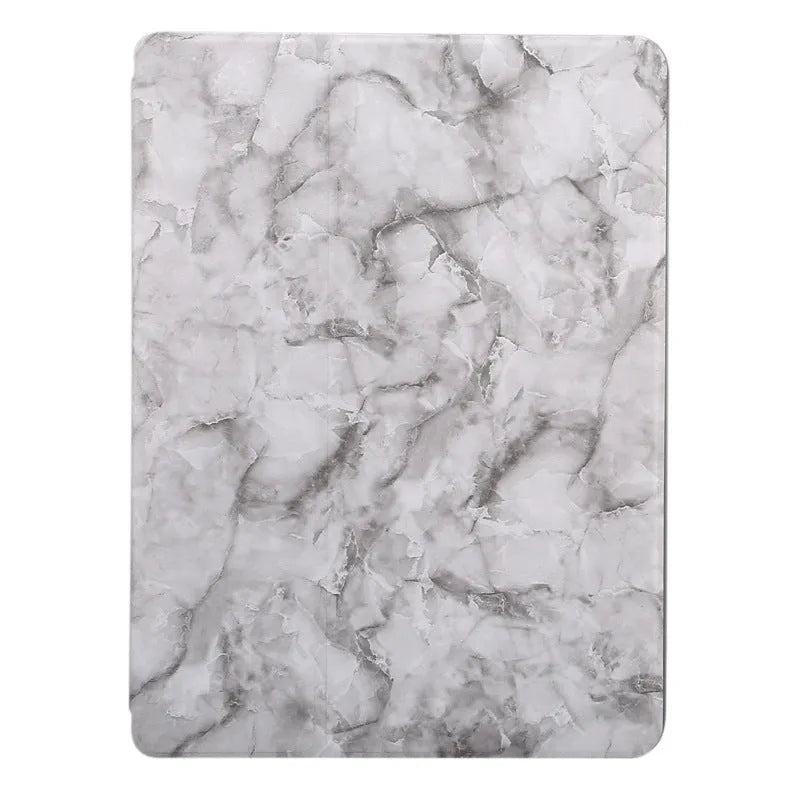 Tri-fold iPad case with marbling design showing pen slot and available in five colours including dark gray and purple
