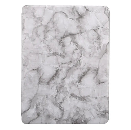 Tri-fold iPad case with marbling design showing pen slot and available in five colours including dark gray and purple