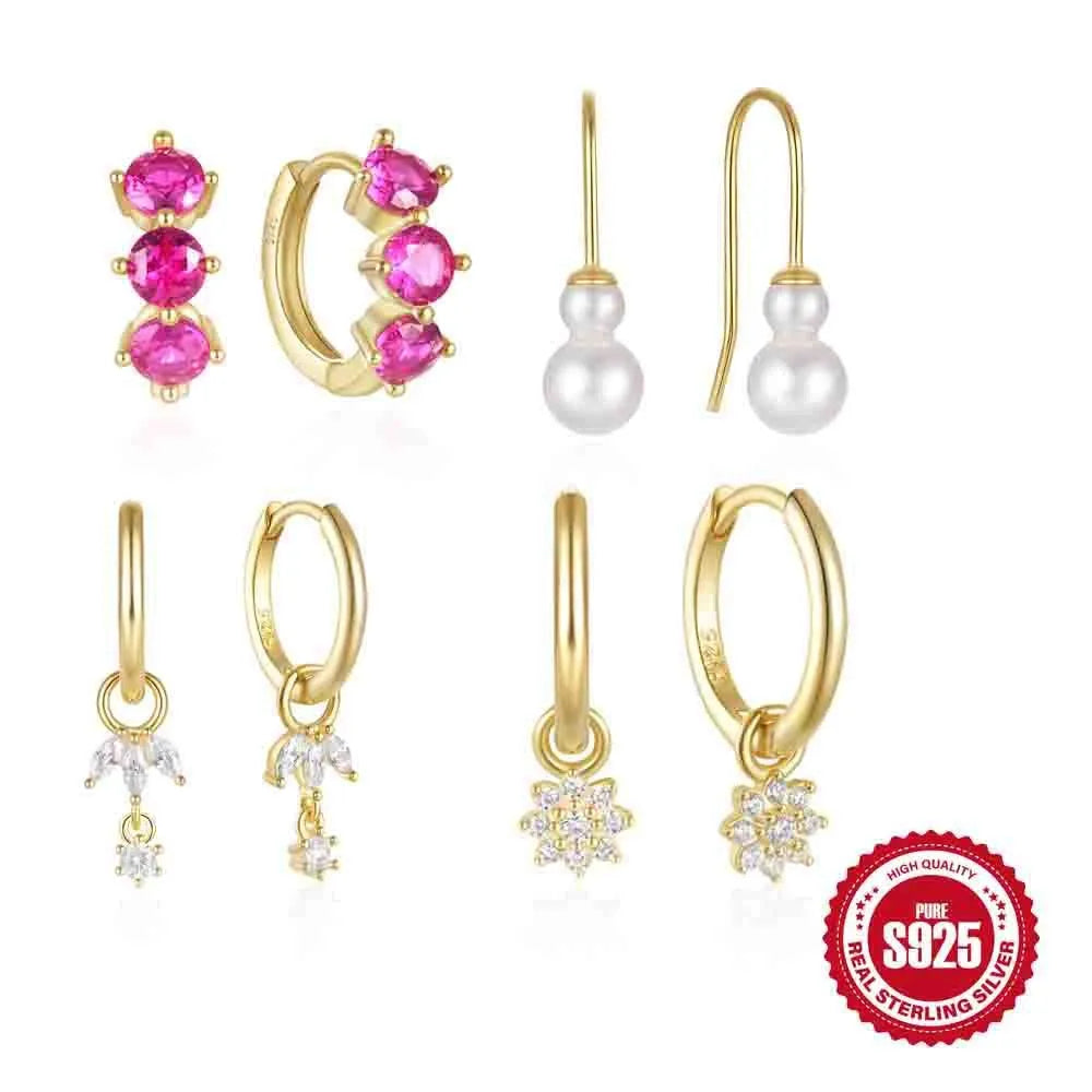 S925 sterling silver earrings with geometric sunflower design and inlaid zircon stones in golden-three diamonds colour
