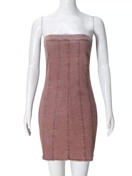 Backless tube denim dress in light blue, pink, and green for summer wear