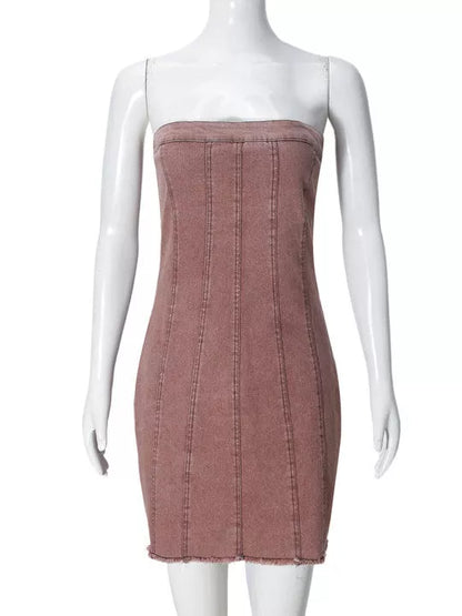 Backless tube denim dress in light blue, pink, and green for summer wear