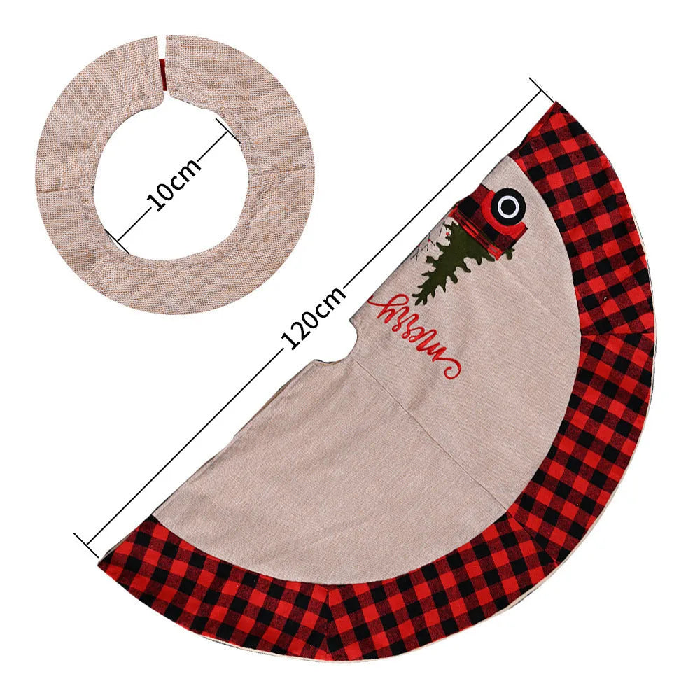 120cm circular car Christmas tree skirt in imitation linen cloth with mechanically sewn edges