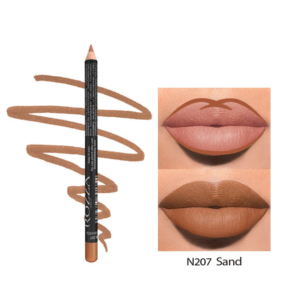 Matte lip liner pencil in wooden casing shown in shade range 201-214 on a white background