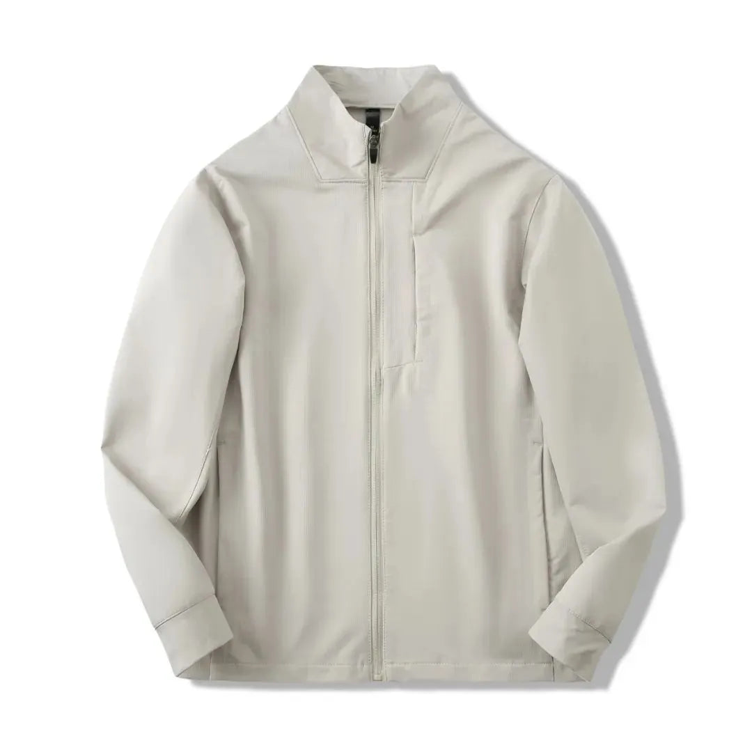 Men's stand collar casual jacket in polyester, shown in a neutral colour with straight hem and long sleeves.