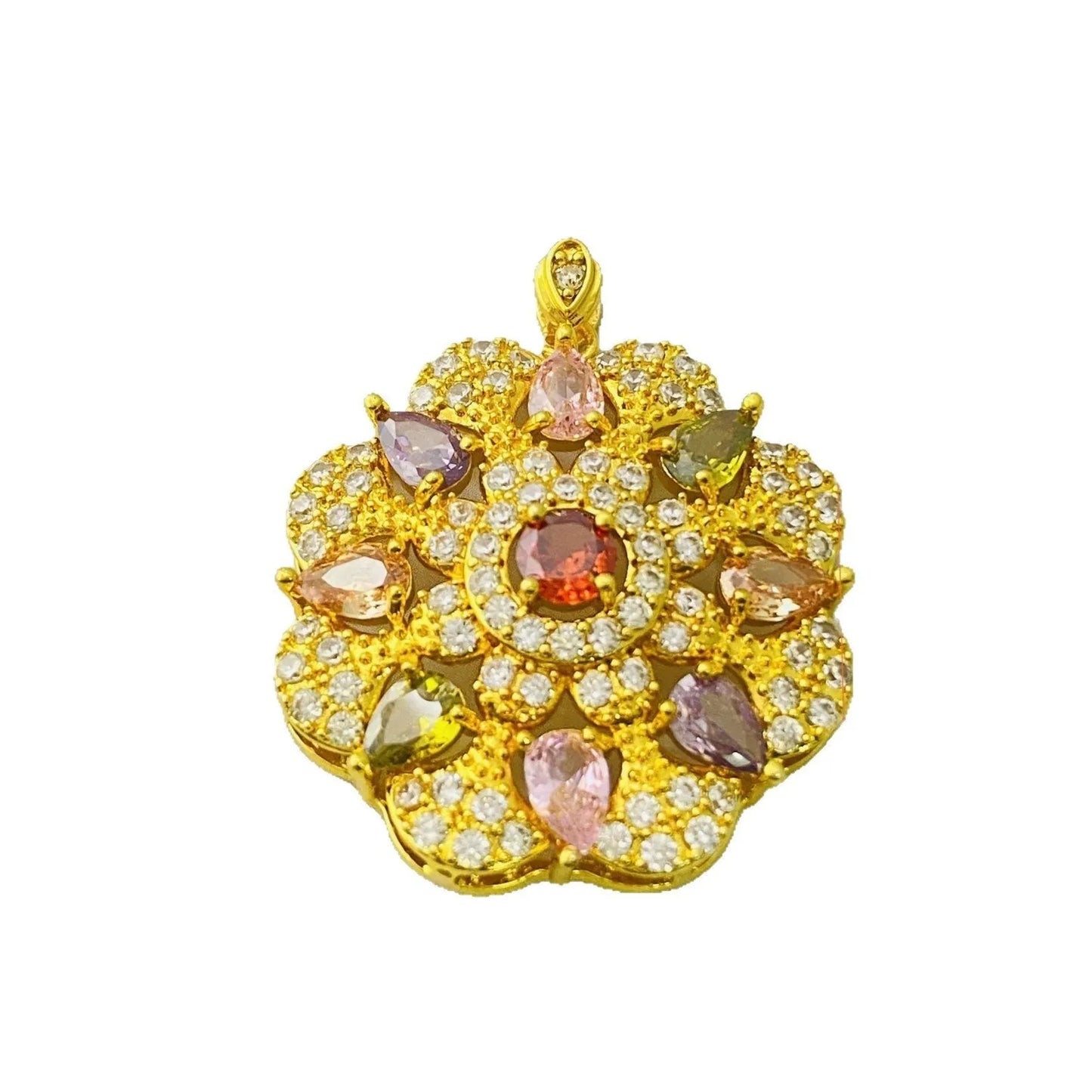 Close-up of a women's gold-coloured flower pendant necklace with a bright zircon stone centre.