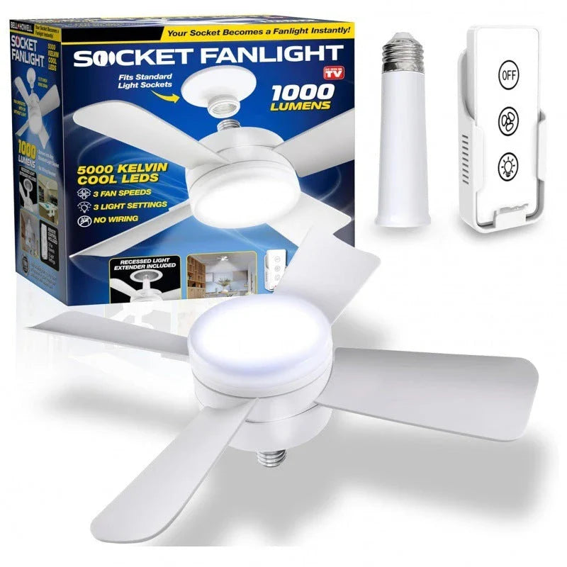 Adjustable ceiling fan light with wireless remote control, featuring a white housing and 4 plastic fan blades