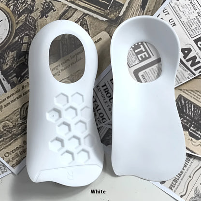 Pair of TPR varus correction arch support insoles in black, white, and skin colour options.