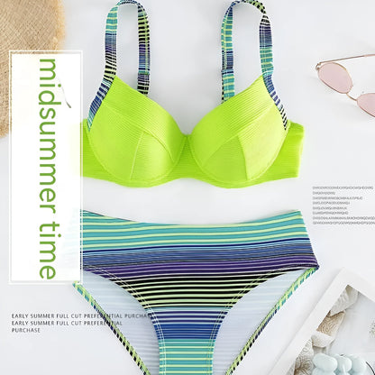 Green printed women's halter bikini set with split-side briefs bottoms