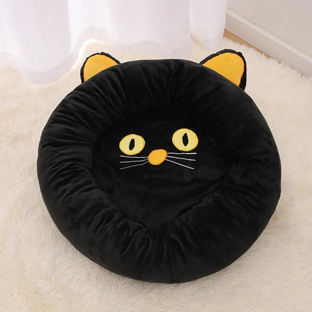 Black cat-shaped velvet pet nest bed with raised edges showing S and M size options