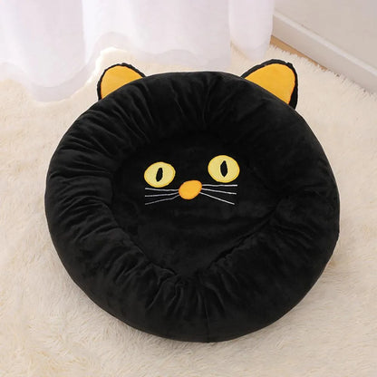 Black cat-shaped velvet pet nest bed with raised edges showing S and M size options