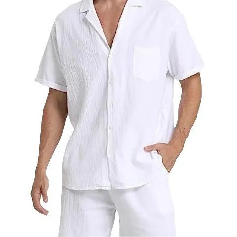 Men's light grey flax linen short-sleeved top and shorts summer sports suit
