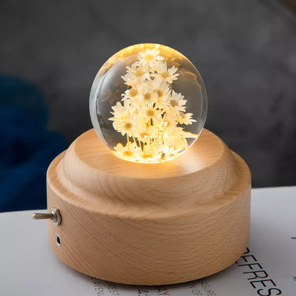 LED Dandelion Crystal Ball Night Light with oak base emitting soft glow
