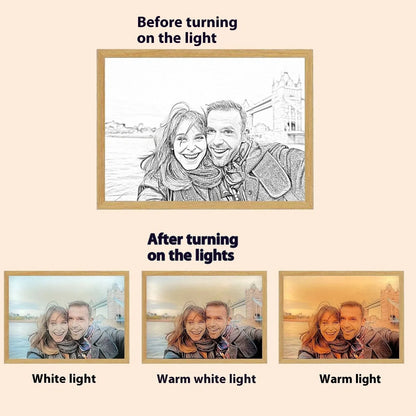 Personalised LED photo frame displaying custom black-and-white sketch with tri-colour lighting options