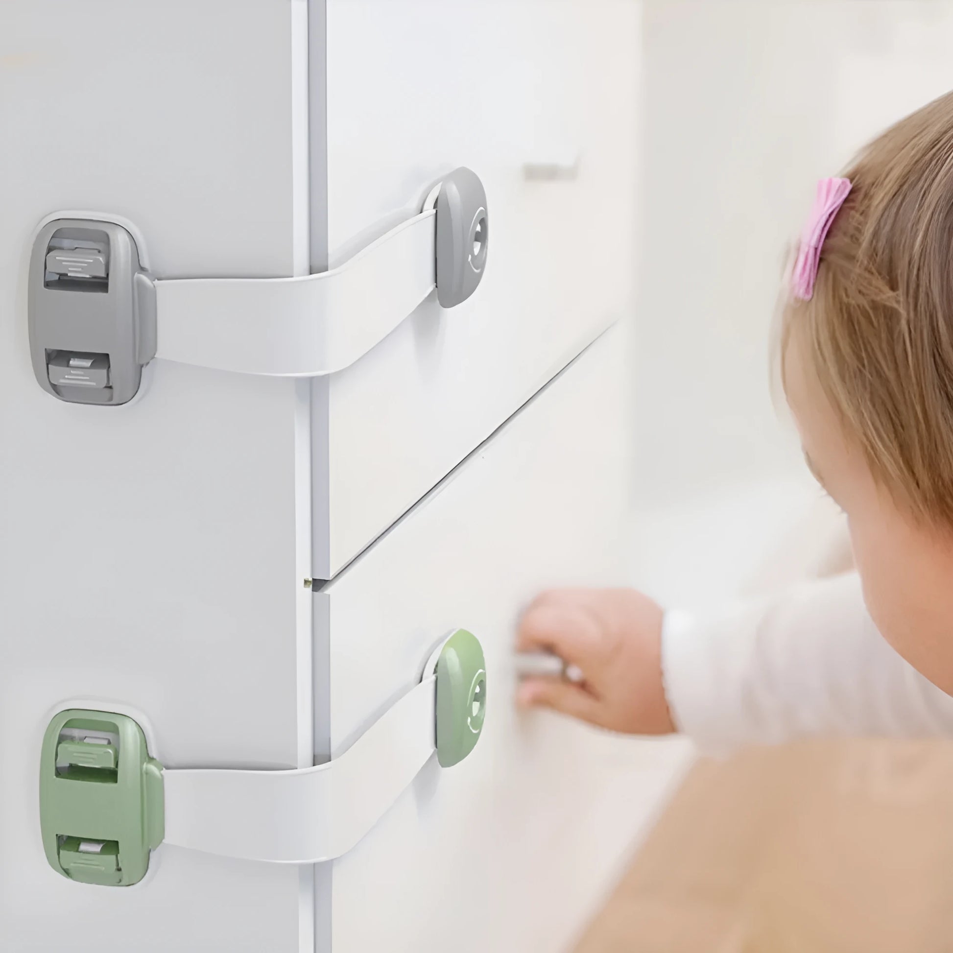 Grey adjustable child safety lock strap with 3M adhesive, shown securing a cabinet door.