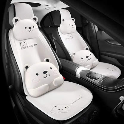 Car seat cushion set with lumbar support and headrest in cartoon linen design with wool cotton filler
