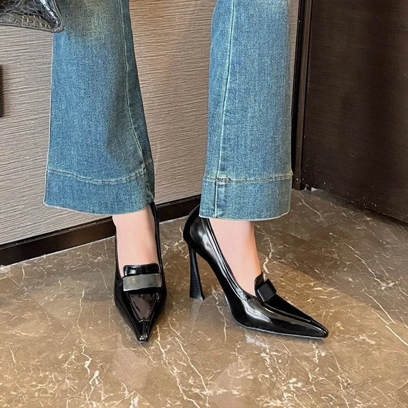 Women's pointed-toe stiletto court heels with 6-8cm tapered heel, PU upper, black or brown, sizes 34-42