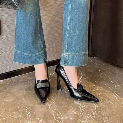 Women's pointed-toe stiletto court heels with 6-8cm tapered heel, PU upper, black or brown, sizes 34-42