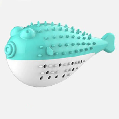 Small blue silicone fish-shaped chew toy for cats on a plain background.