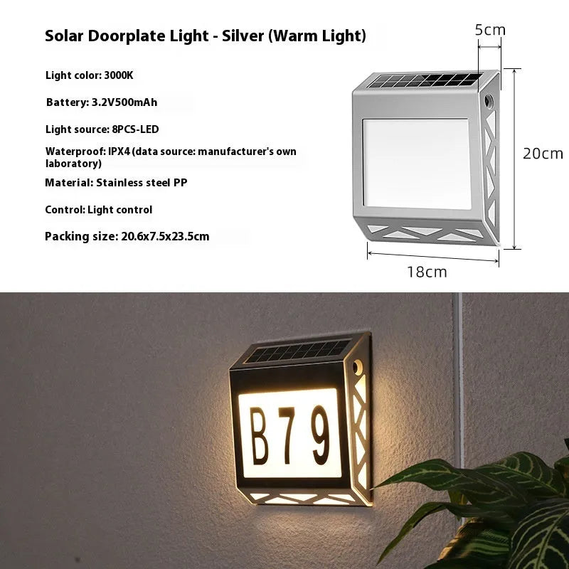 Solar powered outdoor doorplate light with waterproof housing and LED illumination