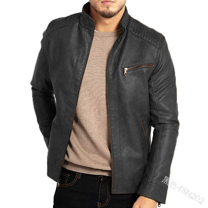 Men's brown artificial leather punk motorcycle jacket with a stand collar and straight hem on a hanger.