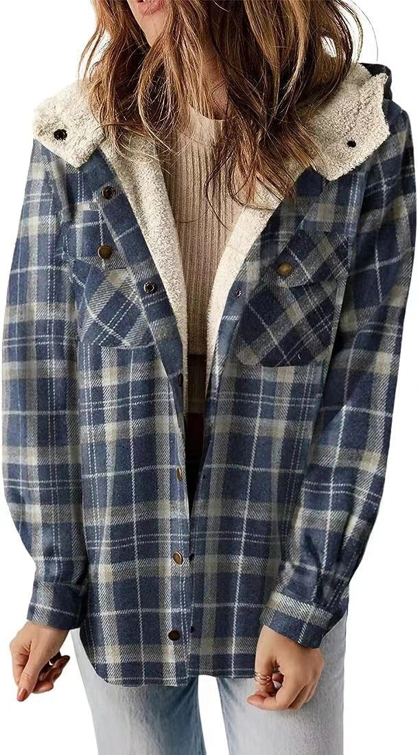 Casual Plaid Hooded Woolen Coat with fleece lining in various colors