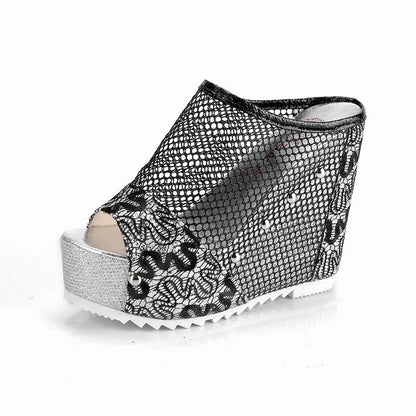 Korean platform flip-flops with hollowed chunky heel in mesh construction, available in black, gold or silver colours