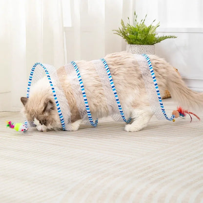 Blue and yellow collapsible cat tunnel with long pole teasing stick and feather attachments.