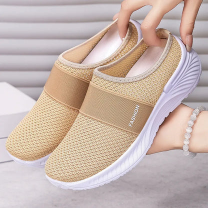 Women's breathable mesh casual shoes in beige, flat heel, round toe, PVC sole, sizes 36-43.