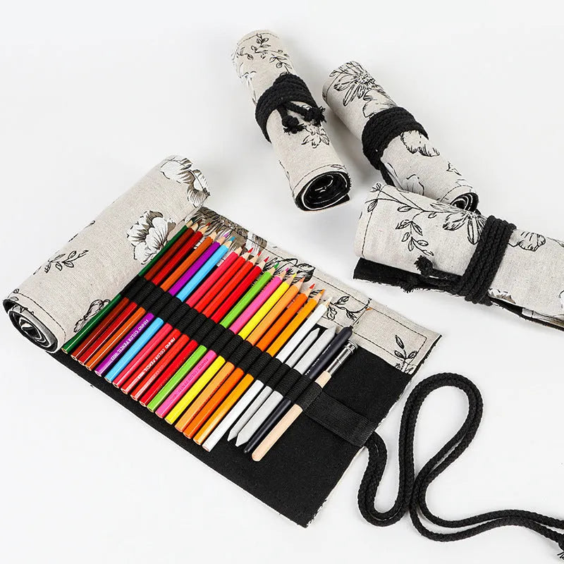 Black peony floral print canvas pencil roll bag open to show 24 or 72 pencil slots.