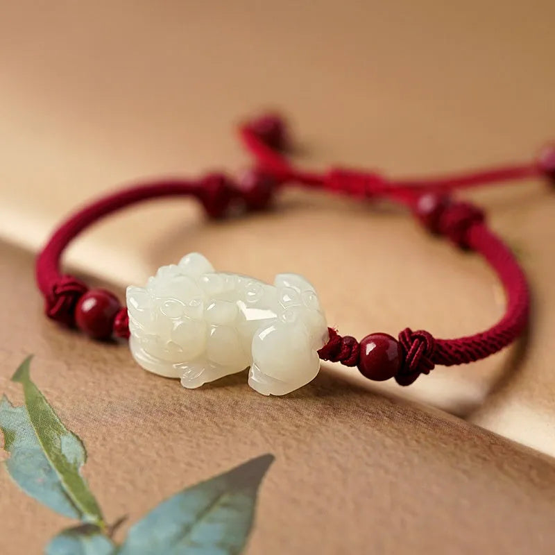 Traditional Chinese Hetian jade bracelet with black and red adjustable ropes and jade beads