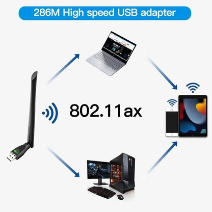 Black WiFi6 wireless network card with USB interface for driver-free connectivity