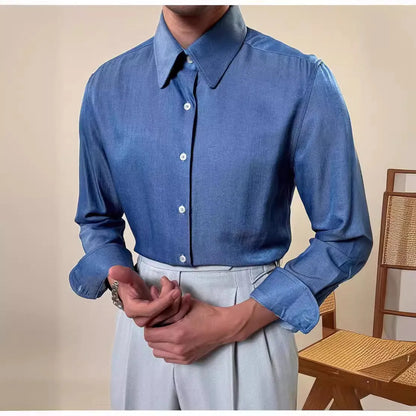 Men's slim fit business casual shirt with round collar in light blue and dark blue colour options