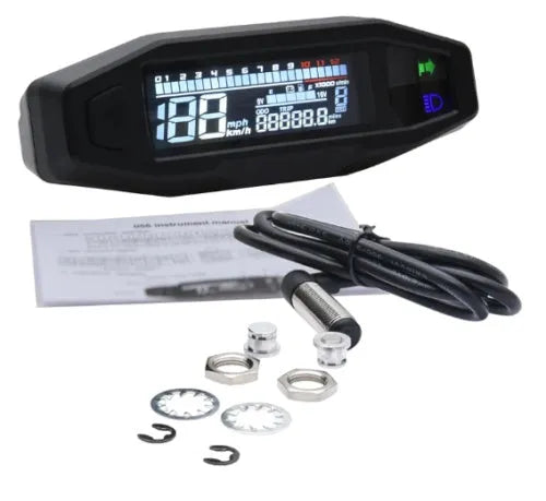 Black motorcycle mini speedometer with LCD display, measuring 141mm x 45mm, showing speed and fuel gauges
