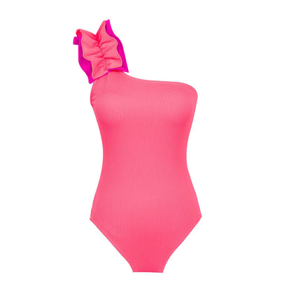 A woman's solid colour one-piece swimsuit with a single-shoulder suspender tube top design.