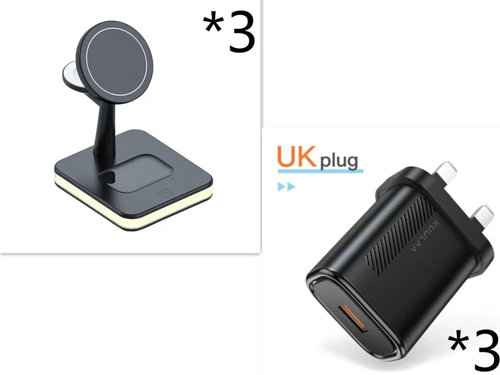 Black three-in-one wireless charger magnetic bracket on a desk charging multiple devices